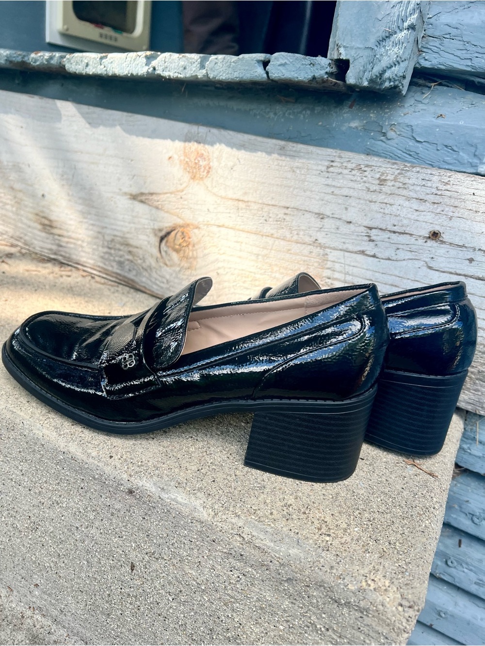 Bandolino Maude Black Patent Heeled Penny Loafers y2k chunky block preppy 9.5 M